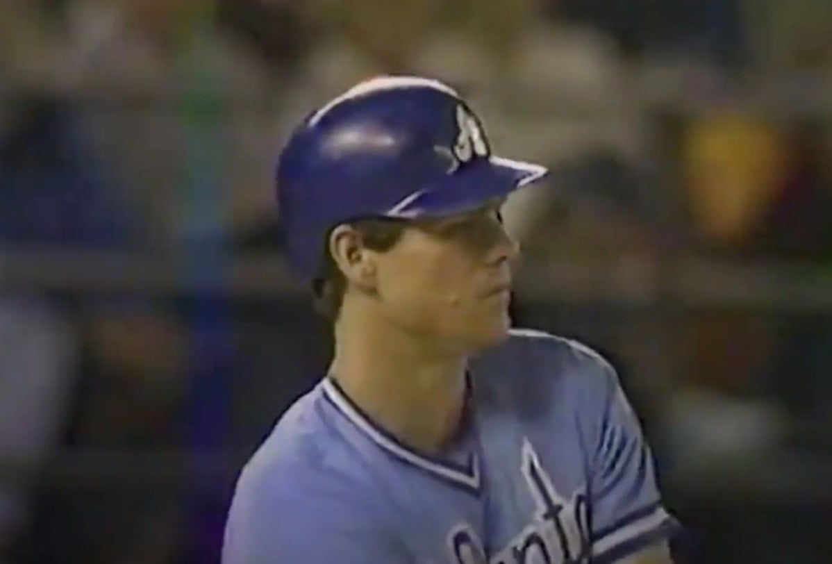 Dale Murphy, a key contender in the 80s best players debate, showcasing his batting prowess.
